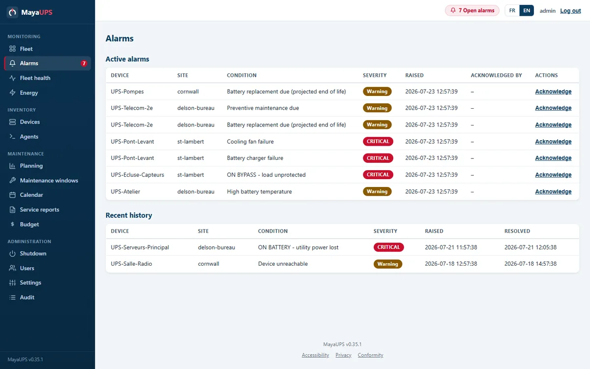MayaUPS alarms page: active alarms with severity, acknowledgement and recent history