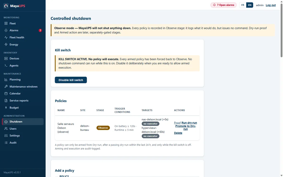 MayaUPS controlled shutdown page: active kill switch and policies in observe mode
